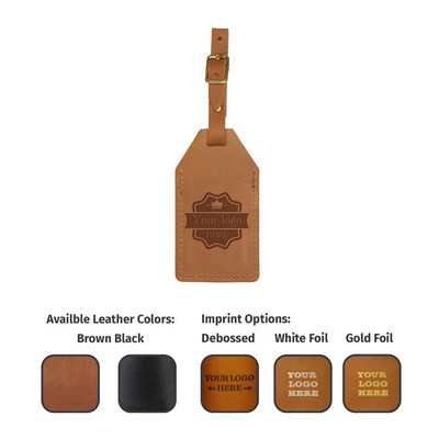 Full-Grain Leather Sewn Luggage Tag w/Flap & Buckle Strap-info card- Made in USA